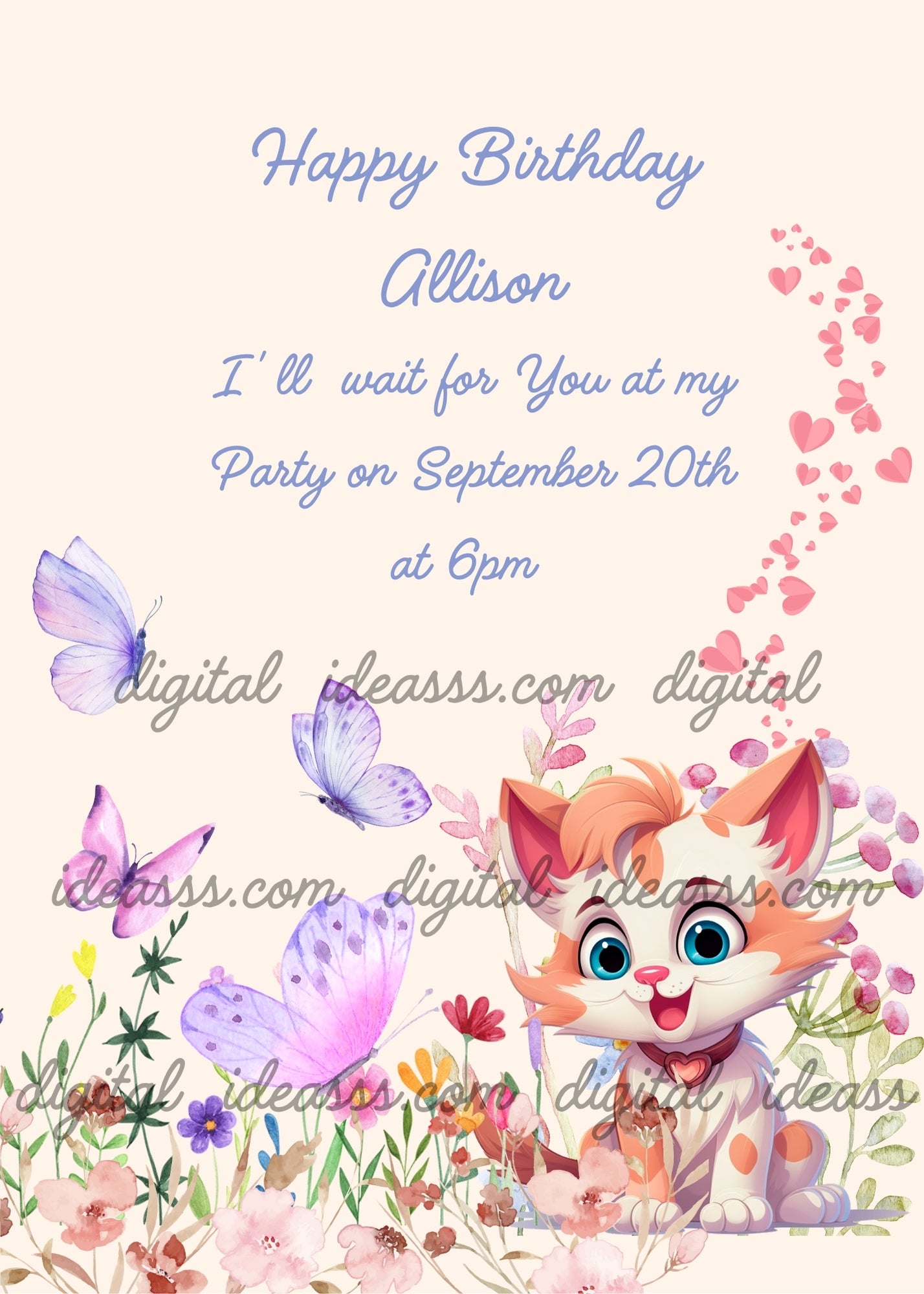 A cute orange, pink,  and white kitten with purple butterflies and pink hearts among spring flowers on a pastel peach background - printable birthday card for kids 1-12