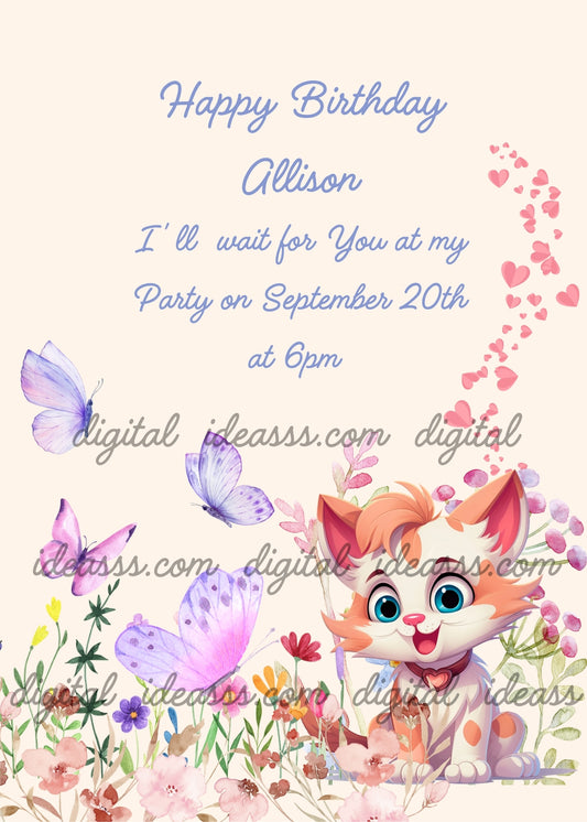A cute orange, pink,  and white kitten with purple butterflies and pink hearts among spring flowers on a pastel peach background - printable birthday card for kids 1-12