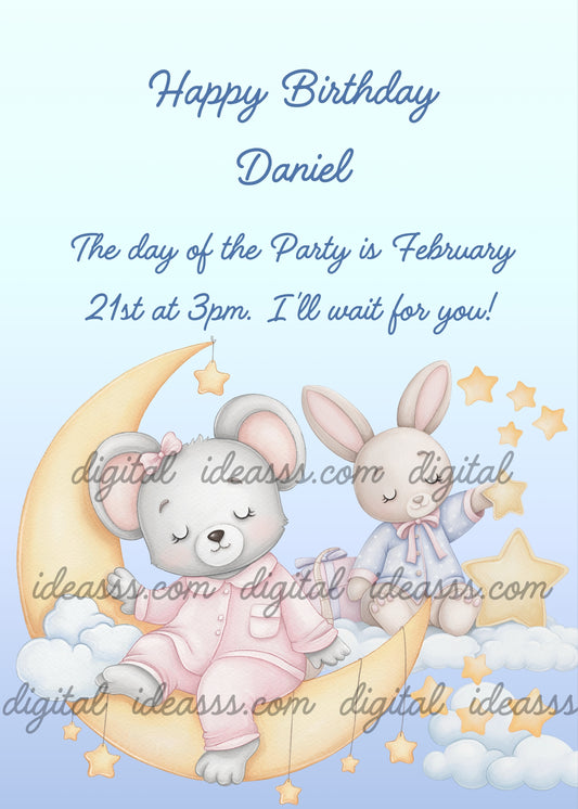 A sleepy grey mouse in pink pajamas sitting on a crescent moon and a little bunny in white pajamas reaching for golden stars, on a soft blue and lavender background with clouds — birthday card for children aged 1 to 8