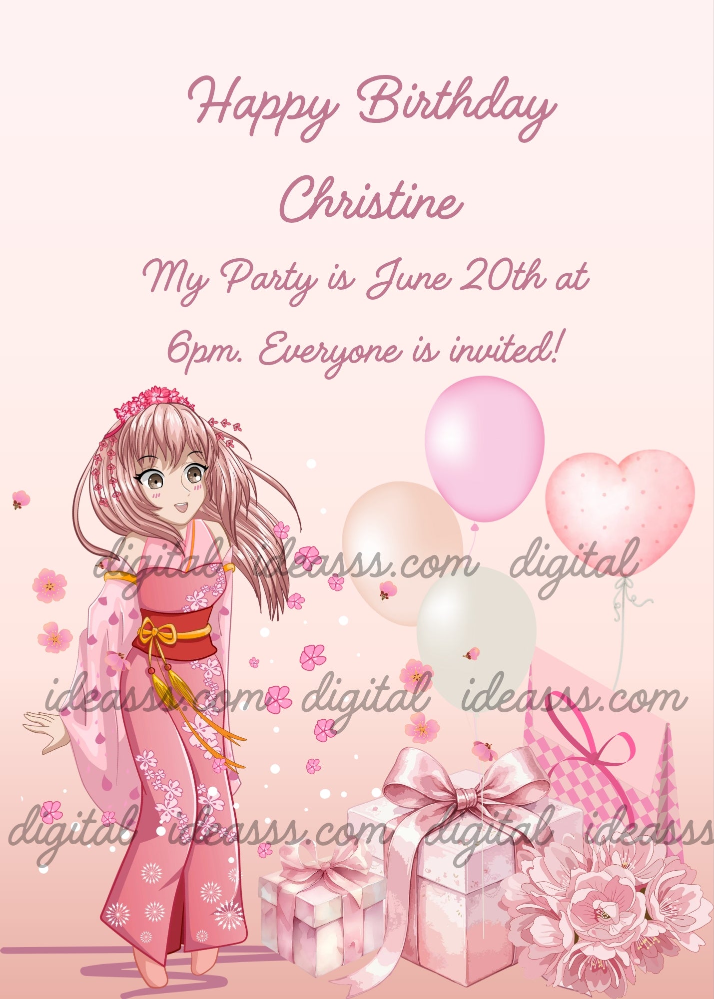 A cute anime girl with long brown hair and a pink flower crown wearing a pink kimono with white flowers, red belt and golden bow, surrounded by pink and heart-shaped balloons, pink gift boxes, cherry blossoms and pink roses on a soft pink gradient background — birthday card for girls aged 9 to 14