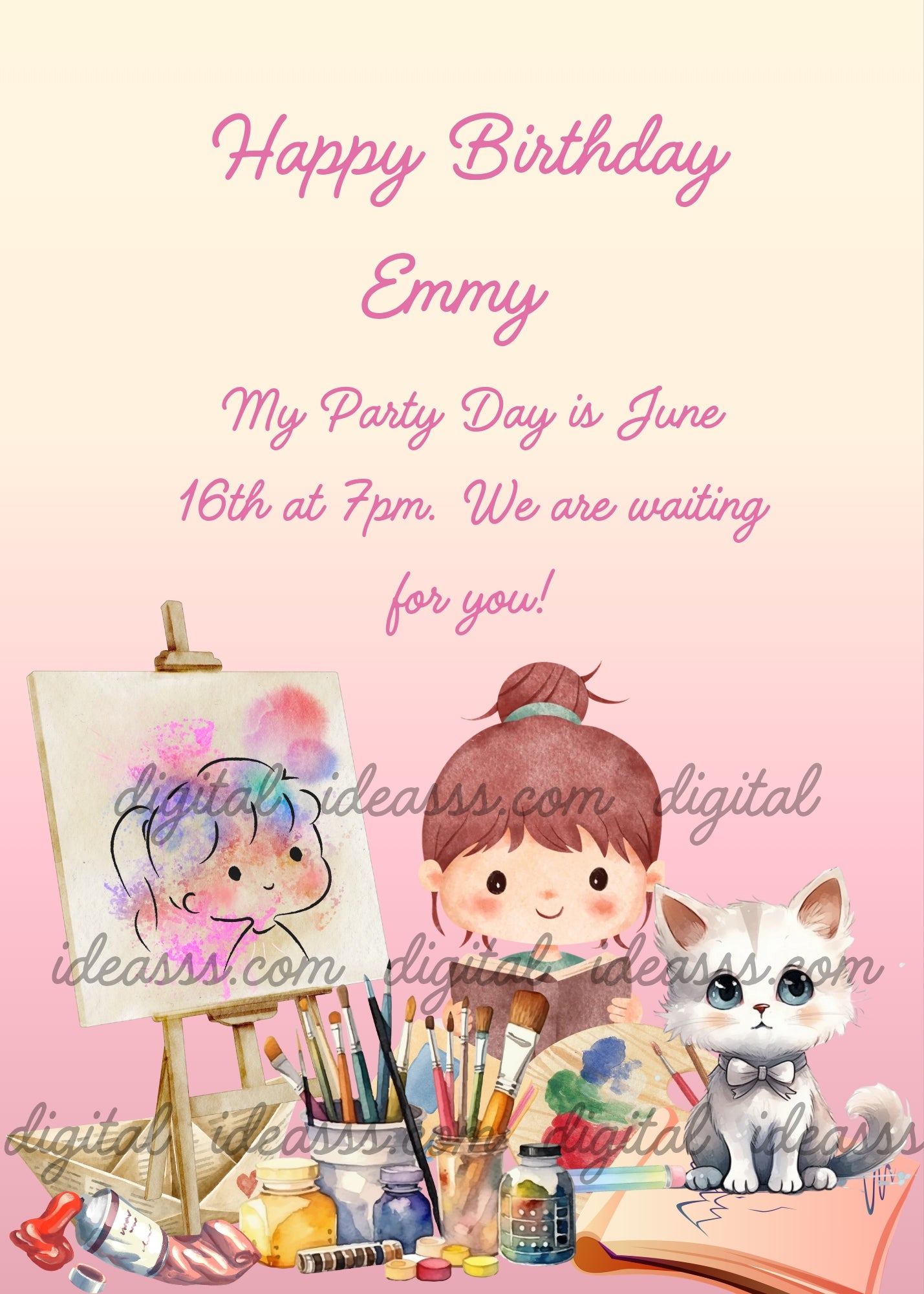 Little girl painter with easel, paintbrushes, palette and white kitten on a pink and peach gradient background — birthday card for girls aged 6 to 12