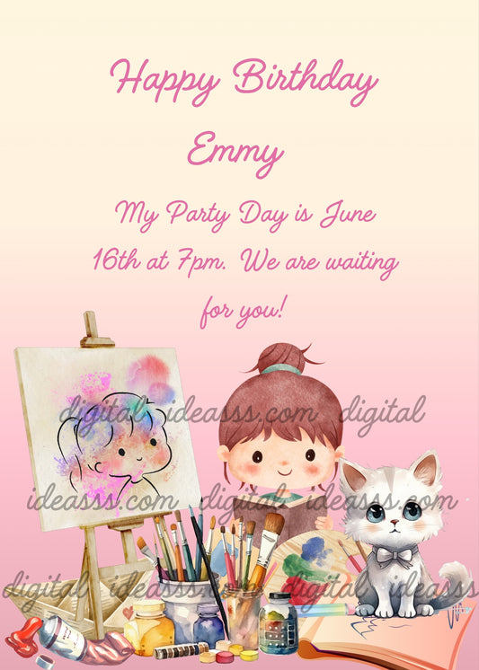 Little girl painter with easel, paintbrushes, palette and white kitten on a pink and peach gradient background — birthday card for girls aged 6 to 12