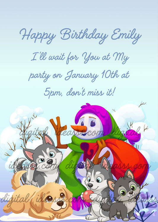 Four cute puppies gathered around a smiling snowman in a snowy winter scene. A golden puppy rests in the snow, one gray-and-white puppy raises its paw, and another holds a rubber ball between its paws. The snowman wears a purple hat and green scarf, with a large red sack beside him; snow-covered trees and a pale blue sky complete the scene playful— birthday invitation for children aged 4 to 0