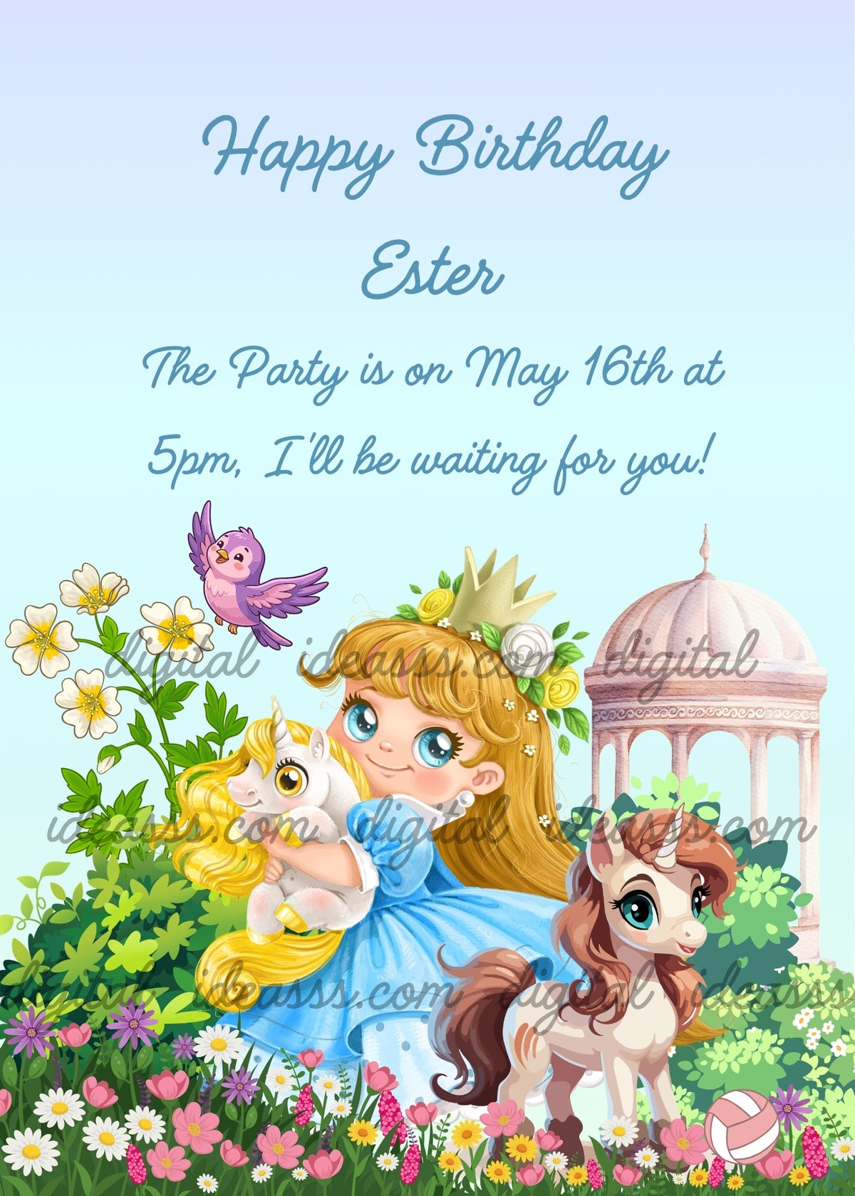 Blonde princess in a blue dress and crown cuddling a white baby unicorn with a golden mane, beside a cream baby unicorn with a chestnut mane, a pink and white ball, flowers, a purple bird and a pink gazebo - printable birthday card for girls aged 6 to 12