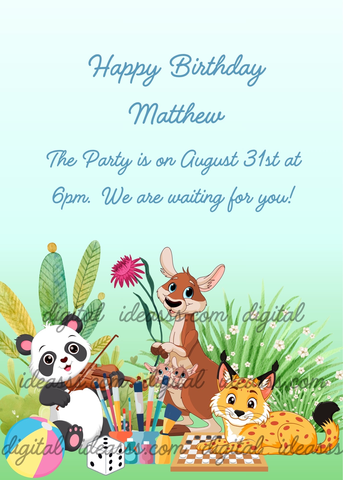 A cute kawaii panda playing the violin on the left with a colorful ball nearby, a smiling kangaroo with joeys in its pouch in the center, and a lynx lying on a chessboard on the right, surrounded by colorful paintbrushes, a dice, tropical green and yellow leaves, and pink and white flowers, on a soft pastel blue and green background — birthday card for children aged 1 to 9