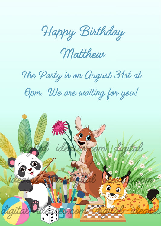 A cute kawaii panda playing the violin on the left with a colorful ball nearby, a smiling kangaroo with joeys in its pouch in the center, and a lynx lying on a chessboard on the right, surrounded by colorful paintbrushes, a dice, tropical green and yellow leaves, and pink and white flowers, on a soft pastel blue and green background — birthday card for children aged 1 to 9