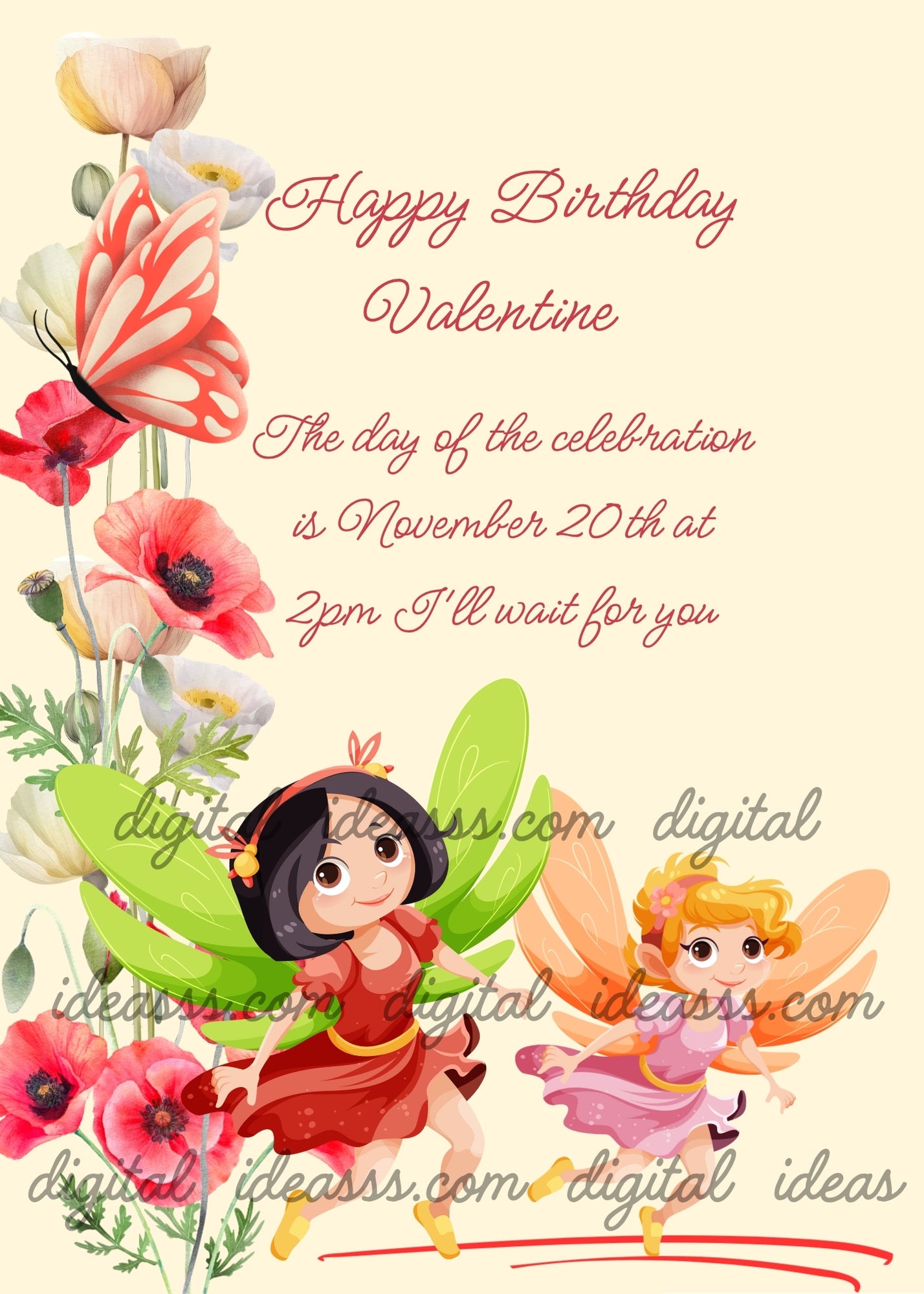  Two cute fairies a red one with green wings and a pink one with orange wings flying among red and white poppies with a red butterfly on a soft cream background — printable birthday card for girls ages 8 to 14