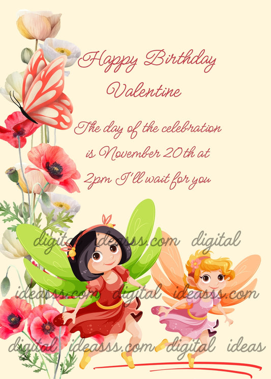  Two cute fairies a red one with green wings and a pink one with orange wings flying among red and white poppies with a red butterfly on a soft cream background — printable birthday card for girls ages 8 to 14