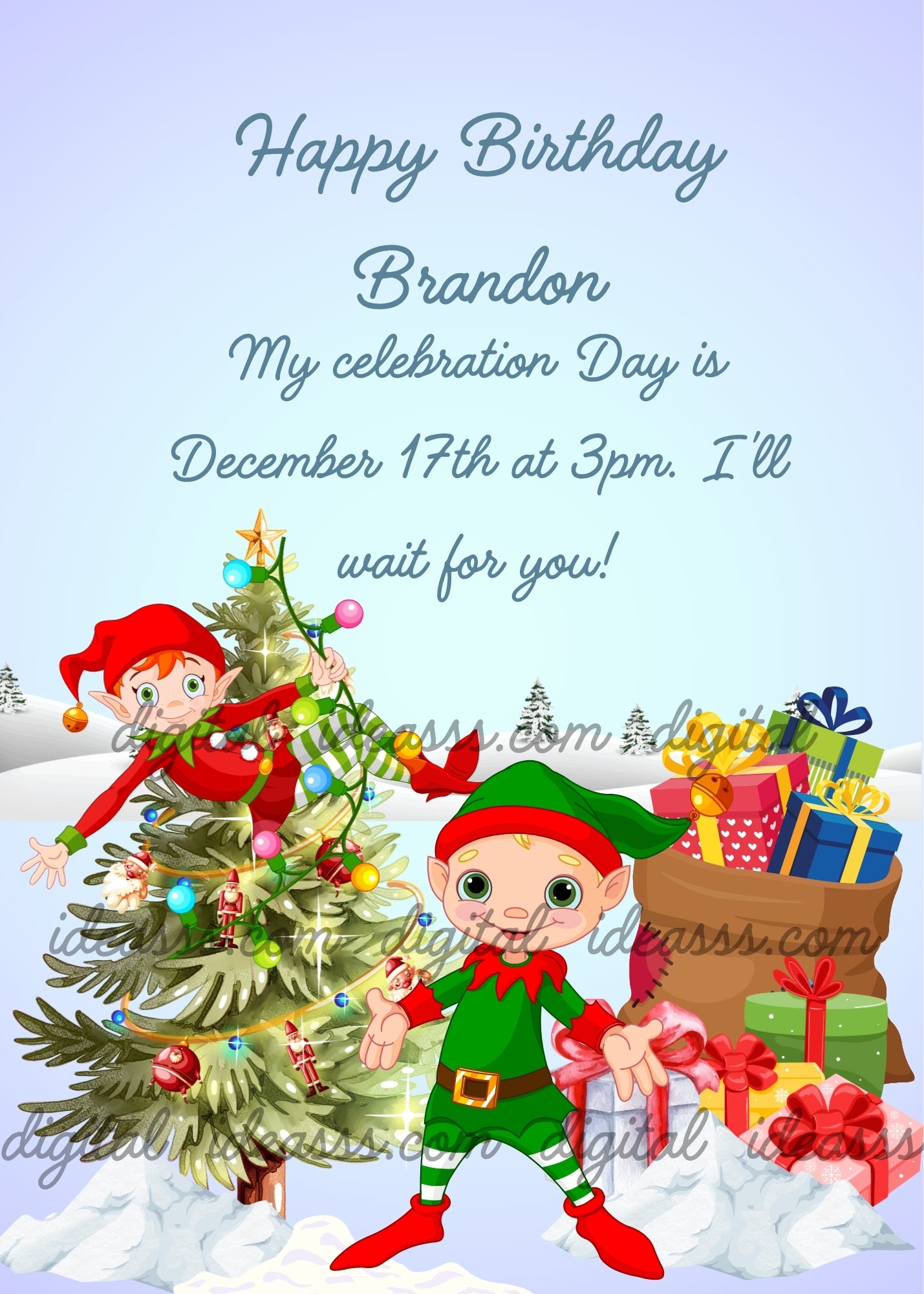  An elf in green smiling and an elf in red decorating a Christmas tree with colorful ornaments, with a sack of colorful gift boxes and a snowy landscape in the background — birthday card for children aged 6 to 12