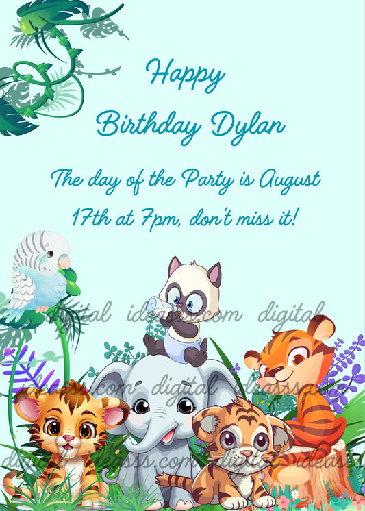 Three cute tiger cubs, a baby elephant with a panda sitting on its head and a blue parakeet on a branch among tropical leaves and purple flowers on a soft light blue background — birthday card for children aged 3 to 9