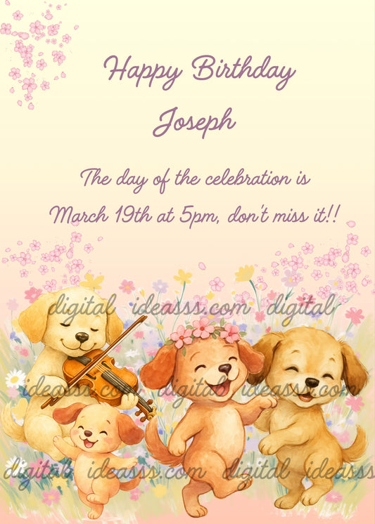 Four cute kawaii puppies dancing and playing violin among colorful flowers on a pastel yellow background — birthday card for children aged 1 to 9