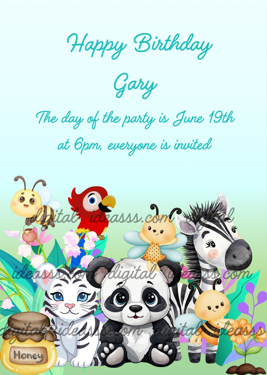 Cute white tiger cub, panda, zebra, red parrot and bees with a honey jar among colorful tropical flowers and leaves on a soft mint green gradient background — birthday card for children aged 1 to 8