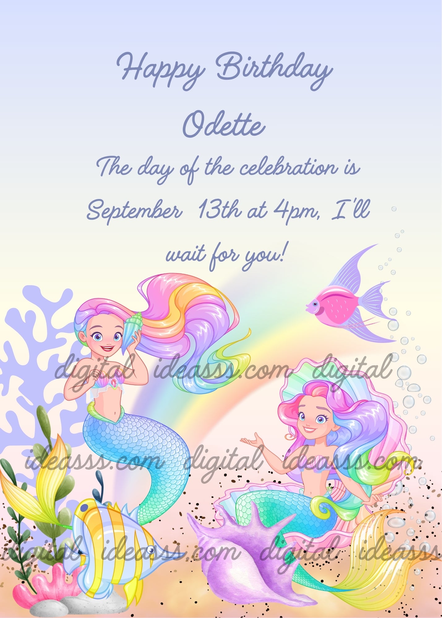 Two mermaids with rainbow hair, one sitting in a large shell and one holding a shell to her ear, rainbow in the sea, pink fish, blue and yellow butterfly fish, lilac murex shell and green seaweed — birthday card for girls aged 5 to 12