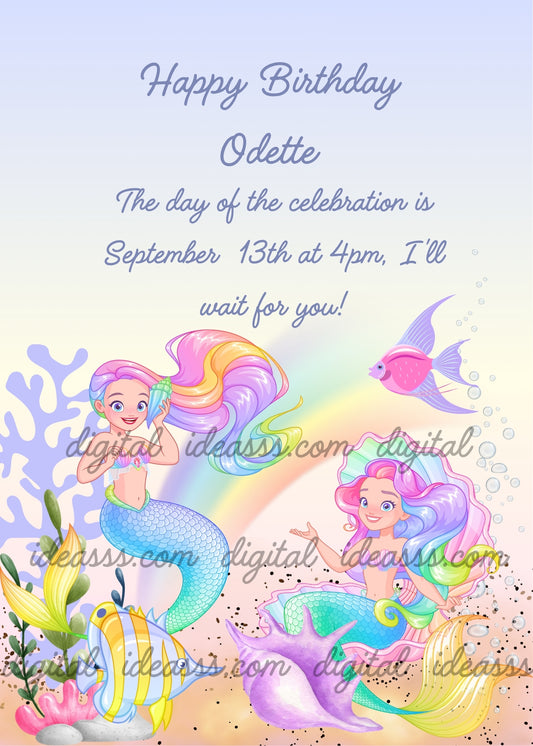 Two mermaids with rainbow hair, one sitting in a large shell and one holding a shell to her ear, rainbow in the sea, pink fish, blue and yellow butterfly fish, lilac murex shell and green seaweed — birthday card for girls aged 5 to 12