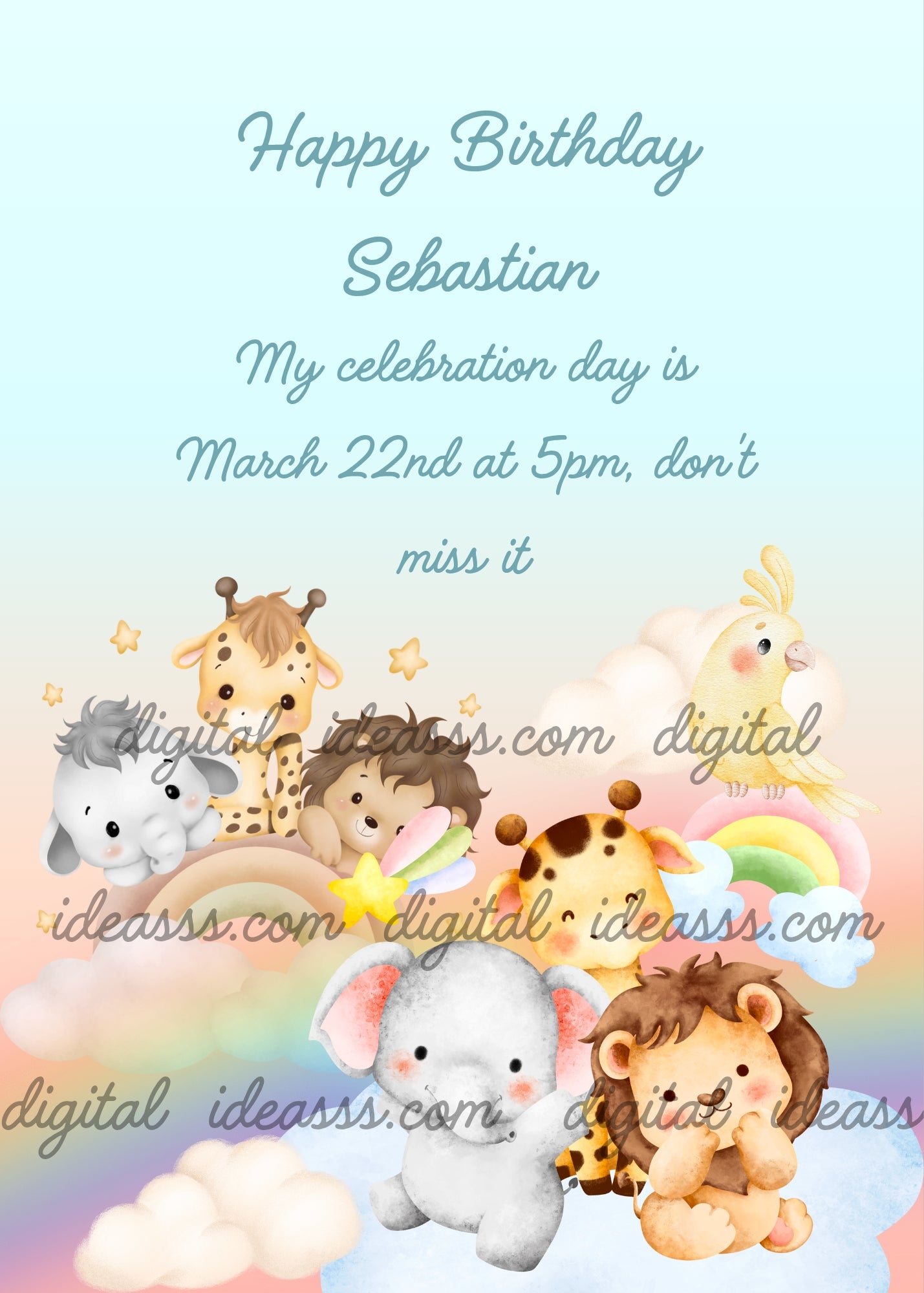Cute kawaii jungle animals playing on rainbows and clouds: a gray elephant, a giraffe, spotted giraffe, a yellow parrot, a white baby elephant, and a lion cub, surrounded by golden stars and colorful rainbows on a soft pastel blue and pink background — birthday card for children aged 1 to 9