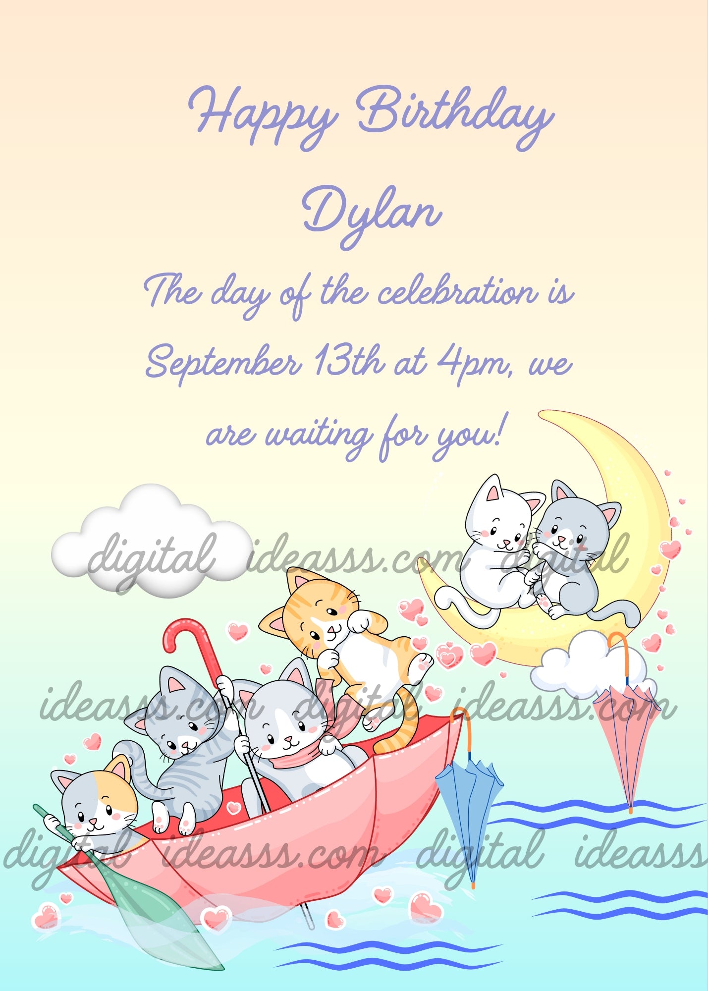  Four playful kittens sailing in a pink umbrella on blue waves with floating hearts, two kittens cuddling on a yellow crescent moon with clouds, and colorful umbrellas on a soft pastel gradient background — birthday card for children aged 1 to 9