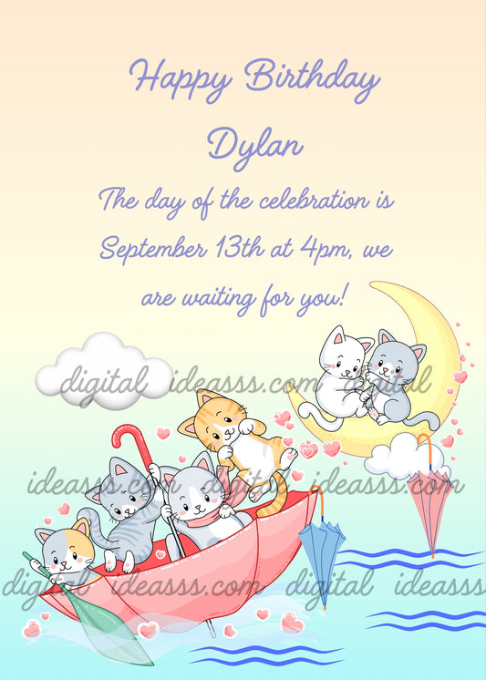  Four playful kittens sailing in a pink umbrella on blue waves with floating hearts, two kittens cuddling on a yellow crescent moon with clouds, and colorful umbrellas on a soft pastel gradient background — birthday card for children aged 1 to 9