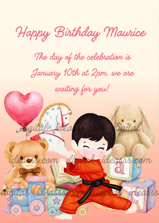 Asian child in red judogi and black belt in a defensive position, with a teddy bear, a toy train, a bunny, a rocking horse, a heart balloon, books and colorful blocks on a soft peach gradient background — birthday card for children aged 5 to 10