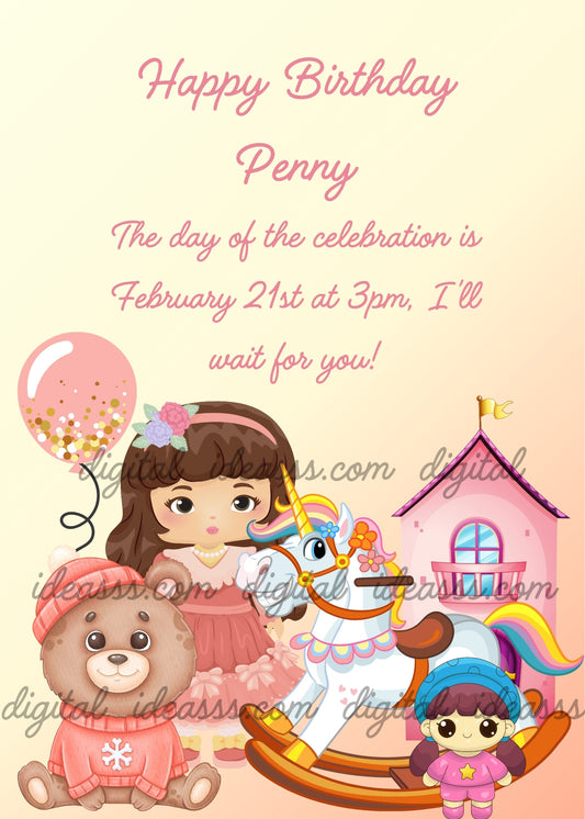Cute brown-haired doll in a pink dress with a rocking unicorn, a teddy bear in a pink sweater, a doll, a pink balloon and a pink dollhouse on a soft peach gradient background — birthday card for girls aged 1 to 9
