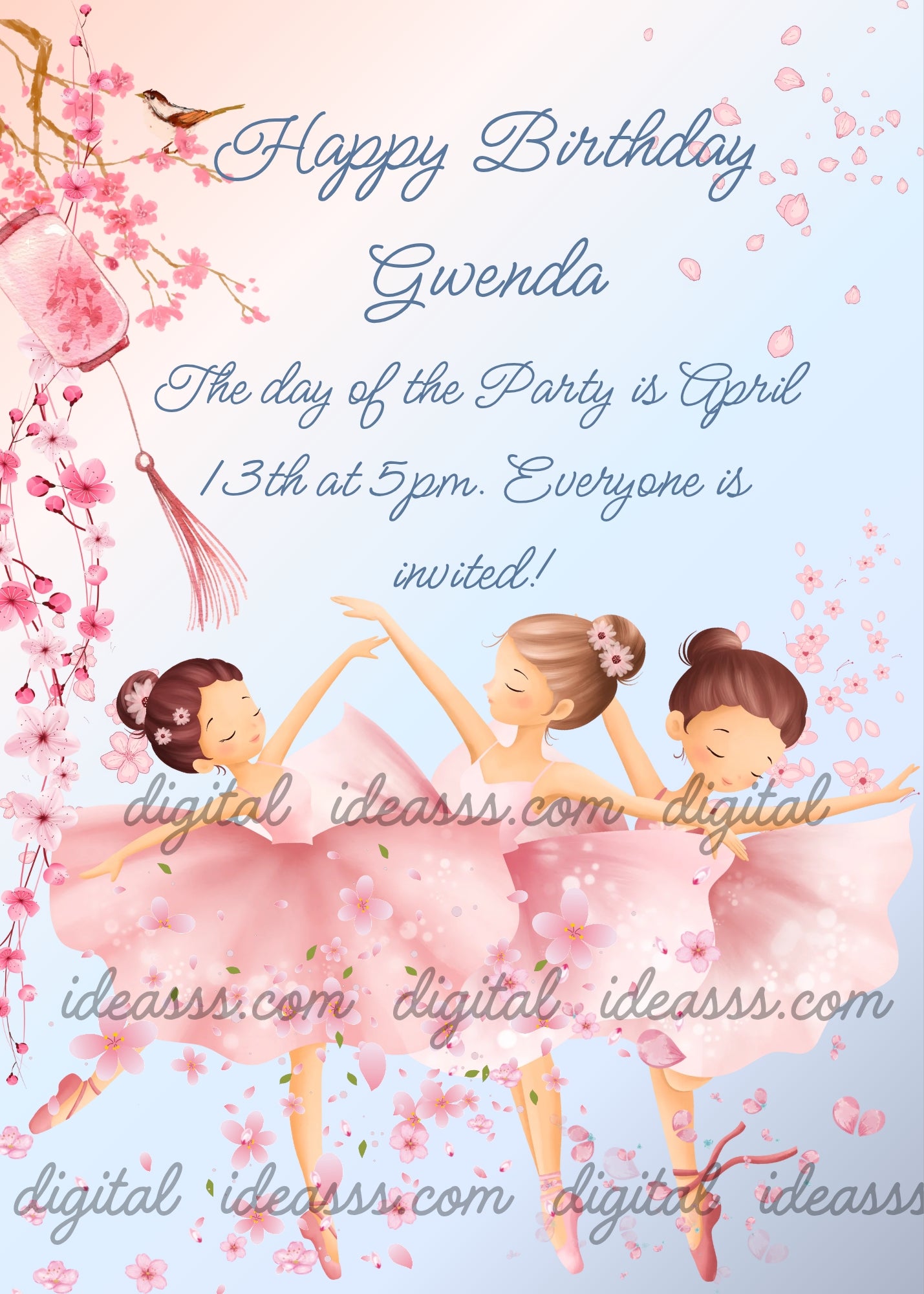 Three cute kawaii-style ballerinas in pink tutus dancing amidst cherry blossoms, pink petals, a little bird, and a lantern against a soft blue gradient background — birthday card for girls aged 7 to 12