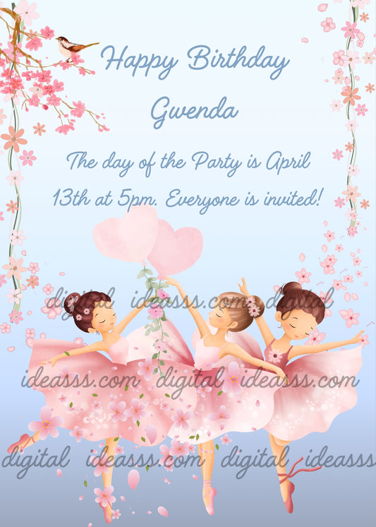 Three cute kawaii ballerinas in pink tutus dancing with cherry blossom flowers, pink hearts, and a small bird on a light blue background — printable birthday card for girls ages 7 to 12