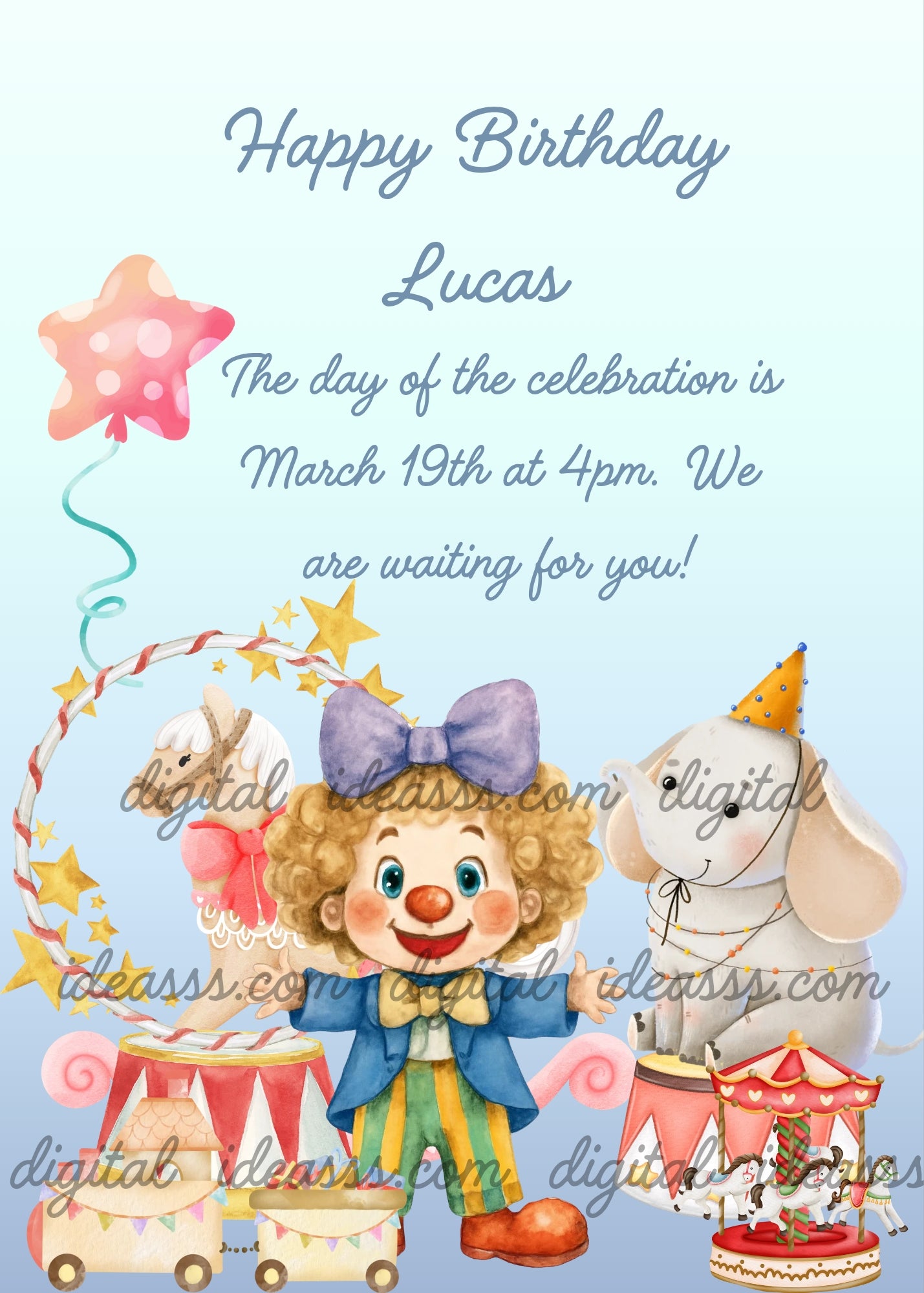  Cute clown with curly hair and a purple bow, a white elephant with a party hat, a carousel, a toy train, a star-shaped balloon and golden stars on a soft light blue gradient background — birthday card for children aged 1 to 7