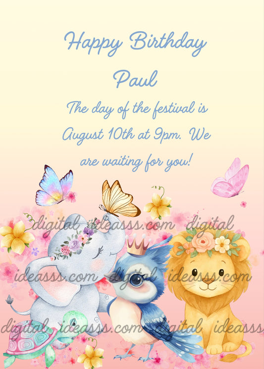 A cute kawaii baby elephant with pink flowers, a blue bird with a crown, a sweet lion cub with a floral crown, a small turtle, and colorful butterflies on a soft pastel pink and yellow background with pink flowers — birthday card for children aged 1 to 9