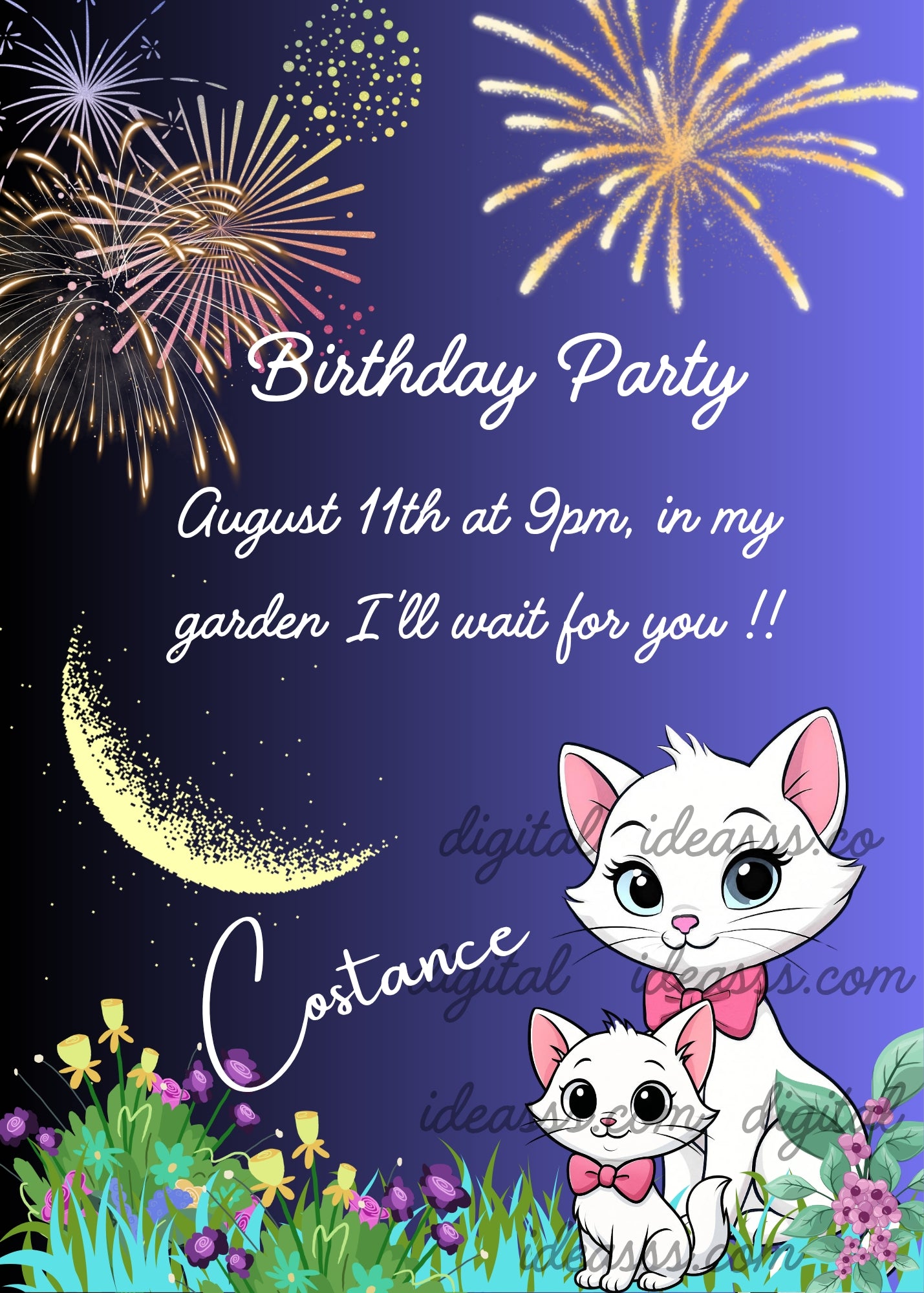 Two cute white kittens with pink bows in a garden with colorful flowers under a golden crescent moon and colorful fireworks on a dark blue night sky background — birthday card for girls aged 6 to 12