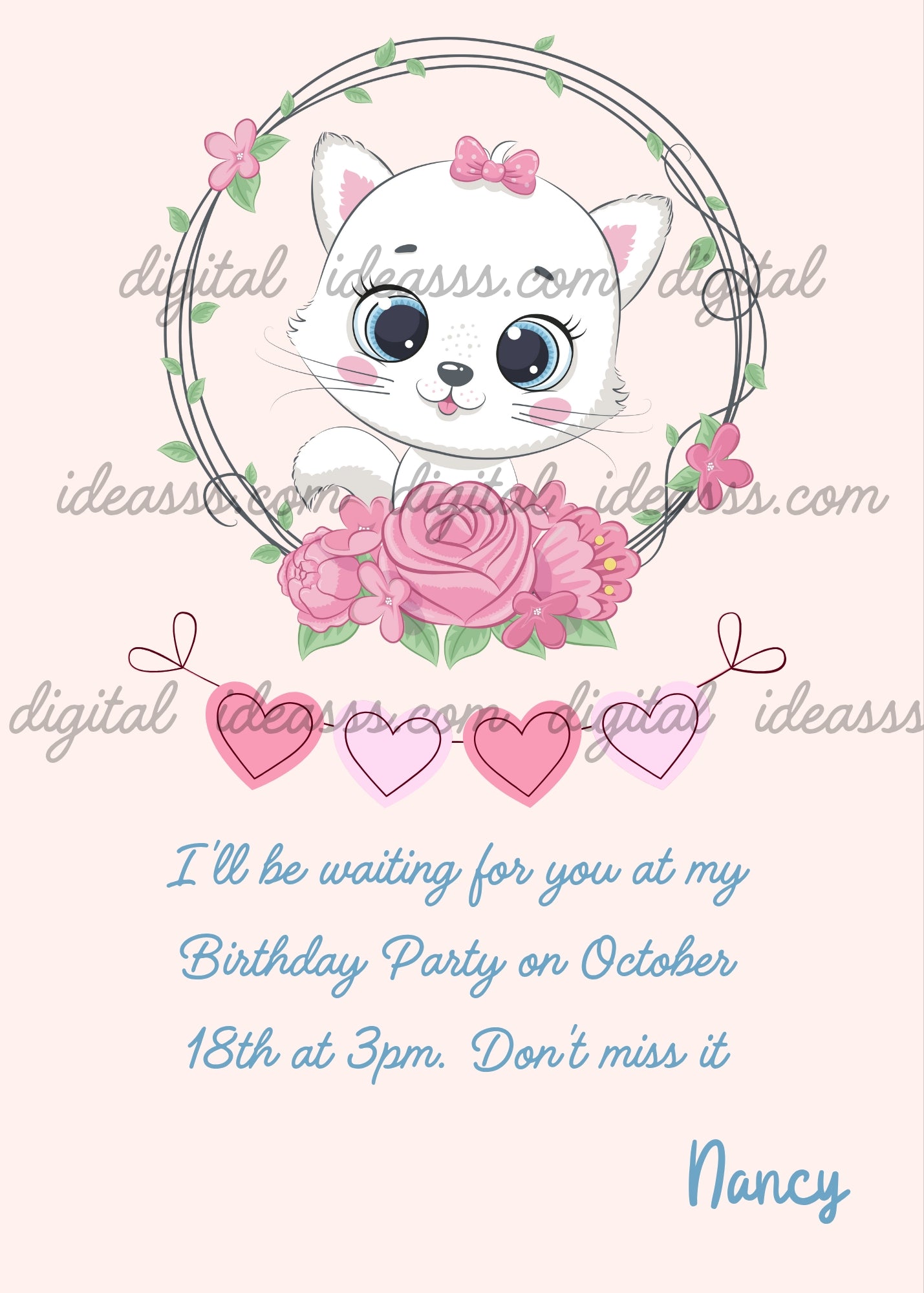 A white kitten with a pink bow inside a floral wreath with pink roses and heart garlands on a pastel pink background -printable birthday card for girls 1-9

