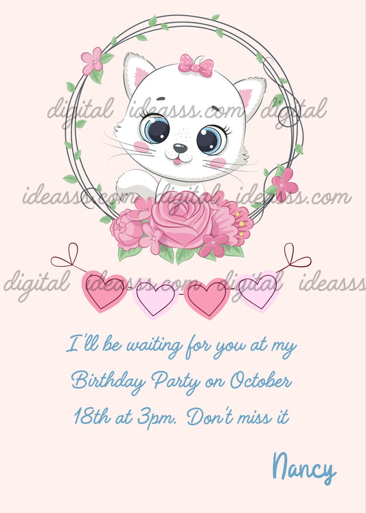 A white kitten with a pink bow inside a floral wreath with pink roses and heart garlands on a pastel pink background -printable birthday card for girls 1-9
