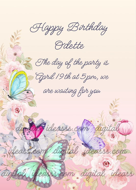 Elegant watercolor butterflies in blue, pink, purple and green among soft pink and white roses on a delicate cream and pink gradient background — birthday card for girls aged 10 to 14
