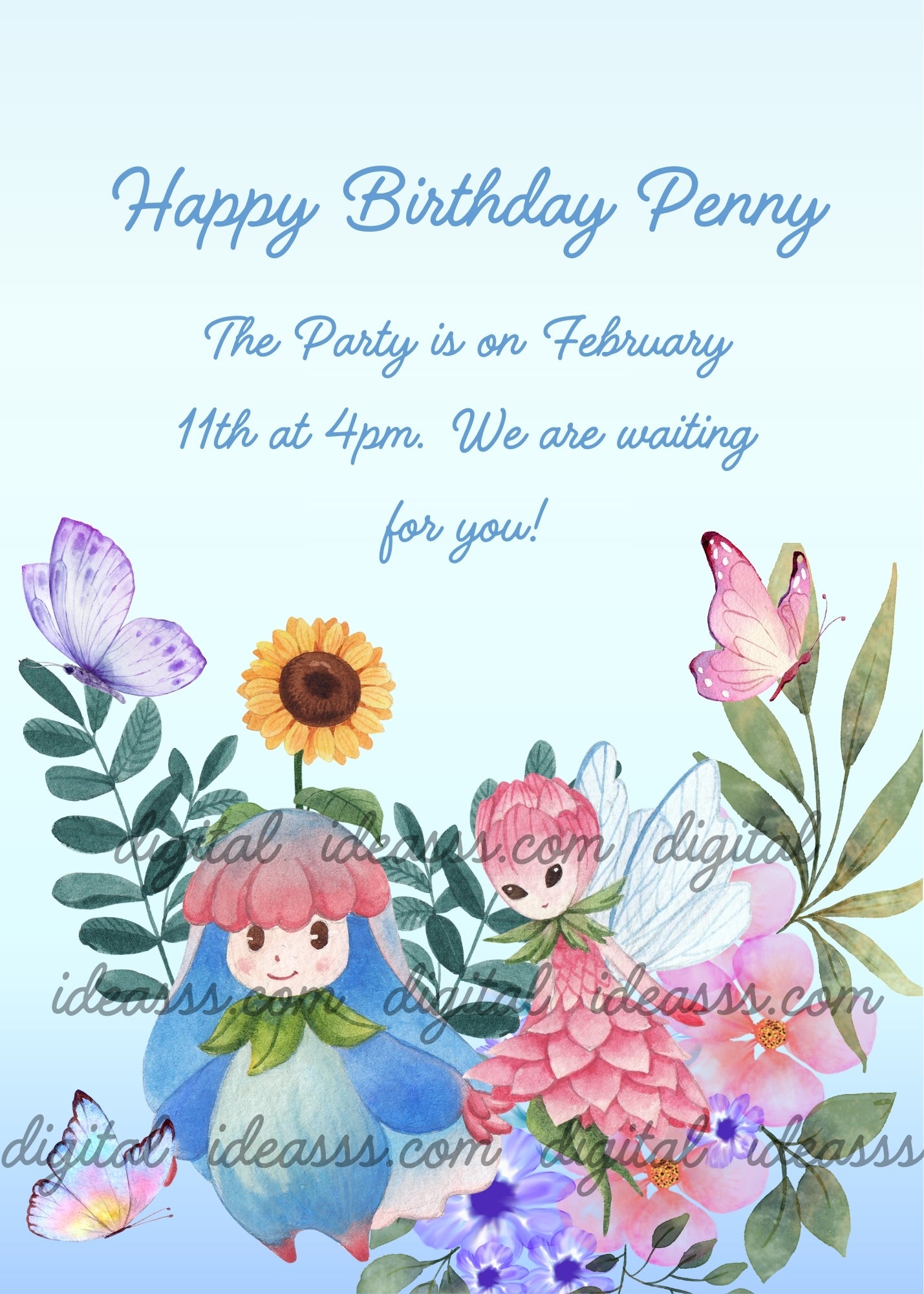 Two cute kawaii flower fairies among sunflowers, pink and purple flowers with colorful butterflies on a soft light blue background — birthday card for children aged 6 to 14