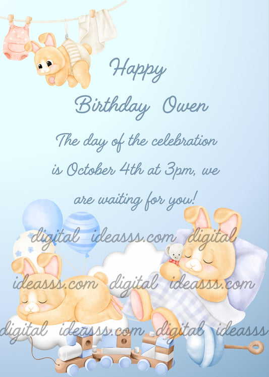 Two sleepy bunnies: one sleeping on a cushion atop a cloud with a plaid blanket and a toy mouse, the other sleeping on a cloud with a wooden toy train in front; blue balloons, fluffy clouds and a small bunny hanging from a clothesline on a soft blue gradient background — birthday card for children aged 1 to 7