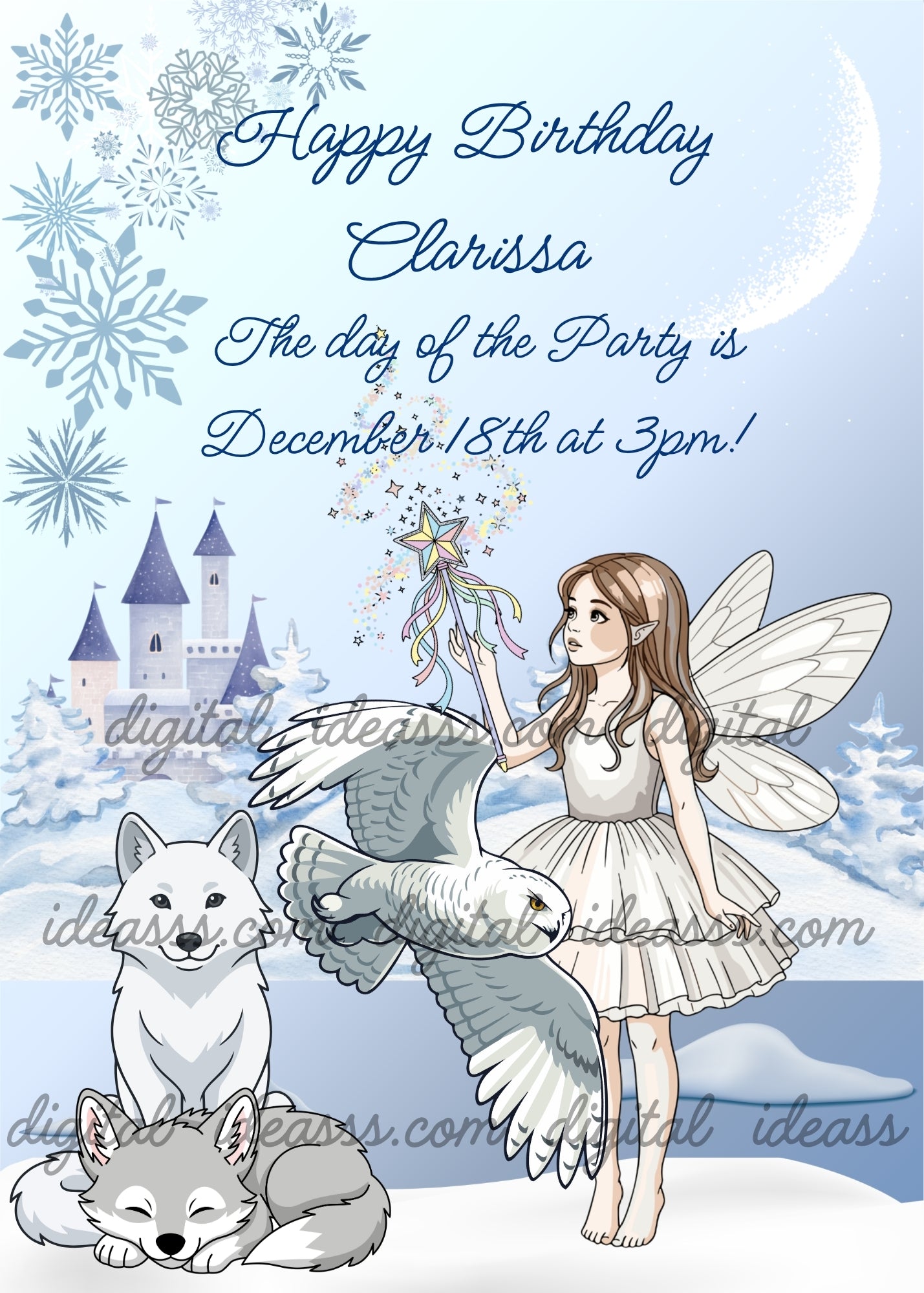  Fairy with long brown hair, white dress and transparent wings holding a sparkling star wand with colorful ribbons, snowy owl in flight beside her, two white wolves one sitting and one sleeping in the snow, blue winter castle with towers and flags in the background, decorative snowflakes and crescent moon, soft blue winter background — birthday card for girls aged 8 to 14"