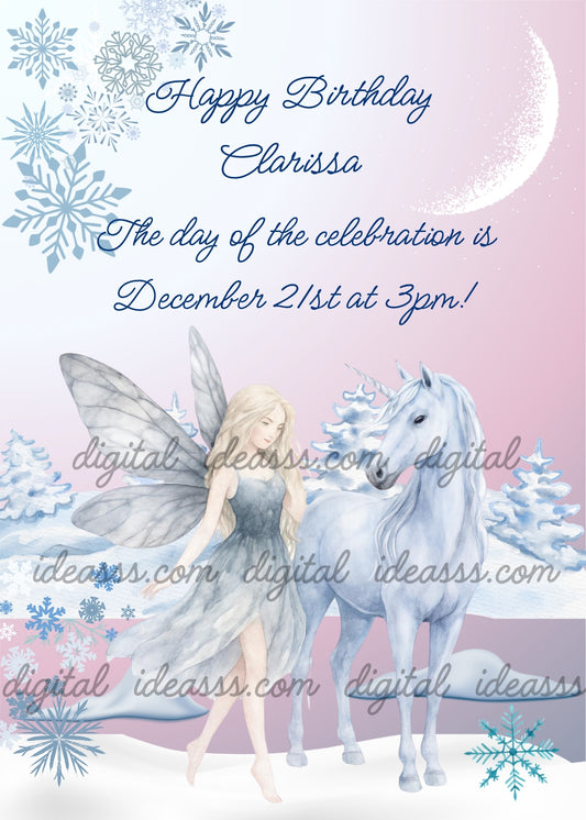 Elegant snow fairy with silver wings and grey dress, white unicorn, snowy trees, blue and teal snowflakes, crescent moon on a blue and pink watercolor background — birthday card for girls aged 8 to 14