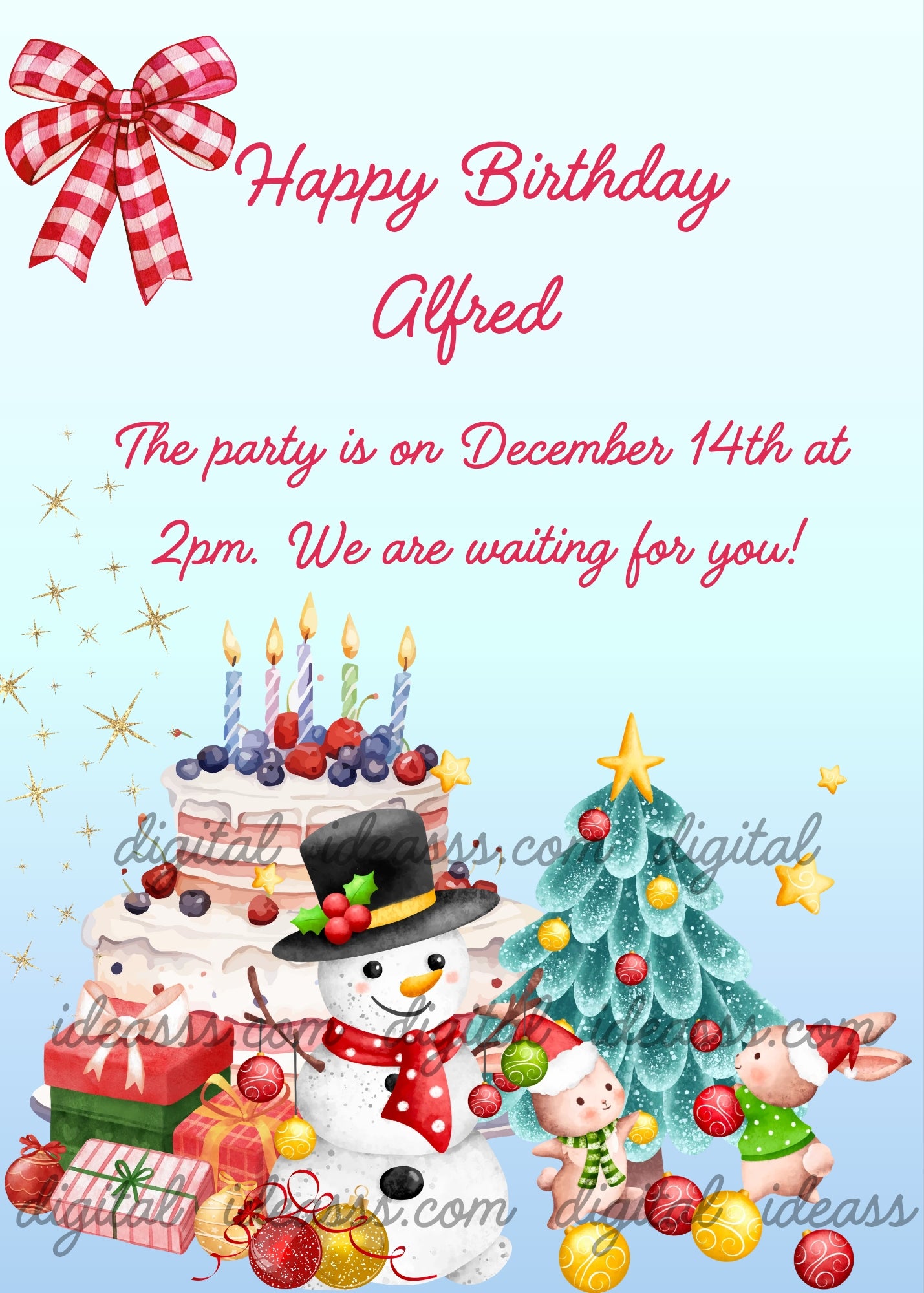  Cute snowman with black hat and red scarf next to a birthday cake with candles and berries, a decorated Christmas tree with golden star, two little bunny elves and gift boxes on a light blue background with golden stars — birthday card for children aged 6 to 14