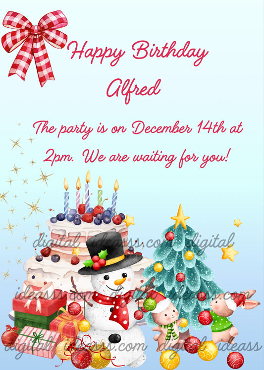  Cute snowman with black hat and red scarf next to a birthday cake with candles and berries, a decorated Christmas tree with golden star, two little bunny elves and gift boxes on a light blue background with golden stars — birthday card for children aged 6 to 14