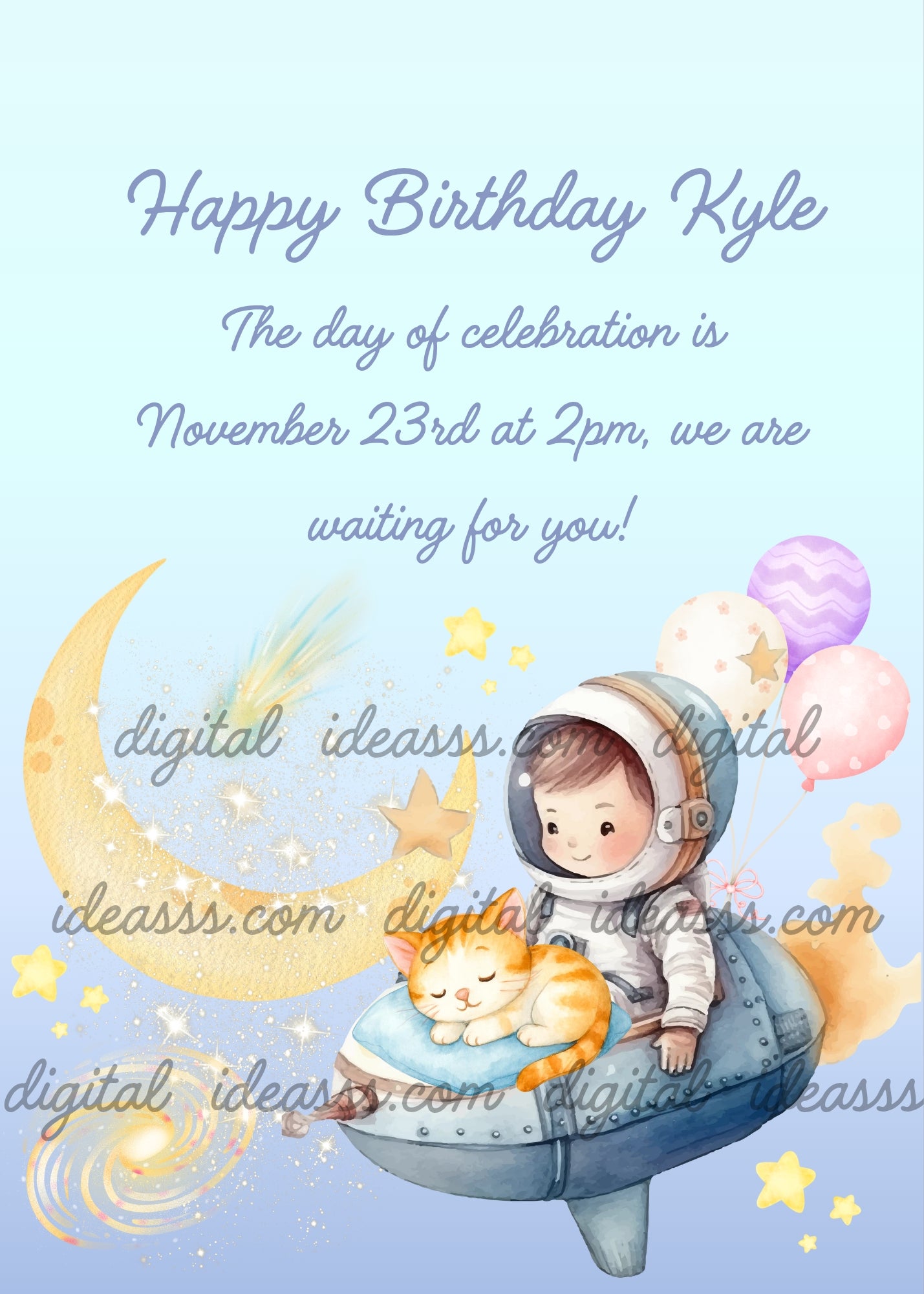 A cute boy astronaut with a sleeping orange and white cat on a spaceship, a crescent moon, colorful planets, balloons and pink stars on a soft light blue background — birthday card for boys aged 5 to 10