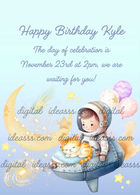 A cute boy astronaut with a sleeping orange and white cat on a spaceship, a crescent moon, colorful planets, balloons and pink stars on a soft light blue background — birthday card for boys aged 5 to 10