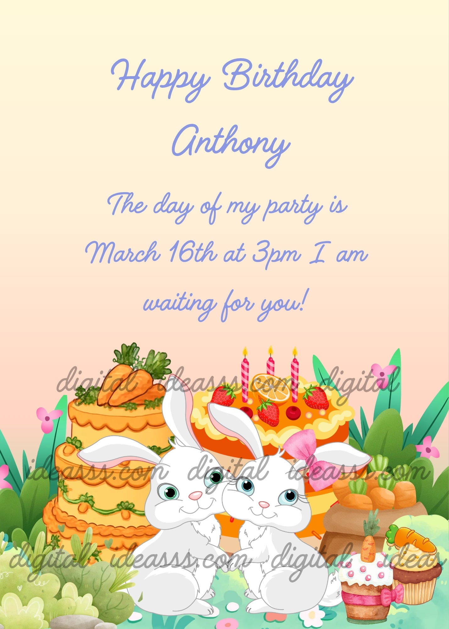  Two adorable white kawaii bunnies sitting together in a lush green garden with colorful flowers, the girl bunny wearing a pink bow on her ear, with an orange carrot cake on the left, a strawberry birthday cake with candles on the right, and two carrot cupcakes one decorated with a pink bow, on a soft yellow-to-peach gradient background — birthday card for children aged 1 to 12