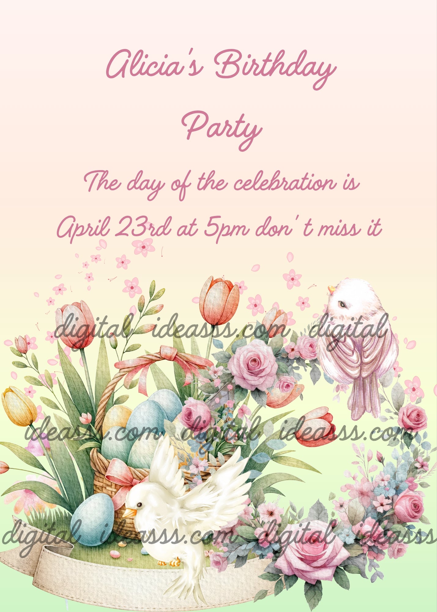  White dove and small white bird with colorful Easter eggs in a basket surrounded by pink roses, red tulips and spring flowers on a soft pink and green gradient background — birthday card for girls aged 8 to 14