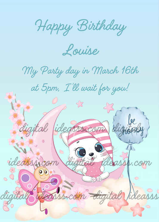 Cute white kitten with pink striped nightcap sitting on a pink crescent moon with clouds, hugging a small cushion, cherry blossom branch with pink flowers and a kawaii butterfly on a soft blue background — birthday card for children aged 1 to 9