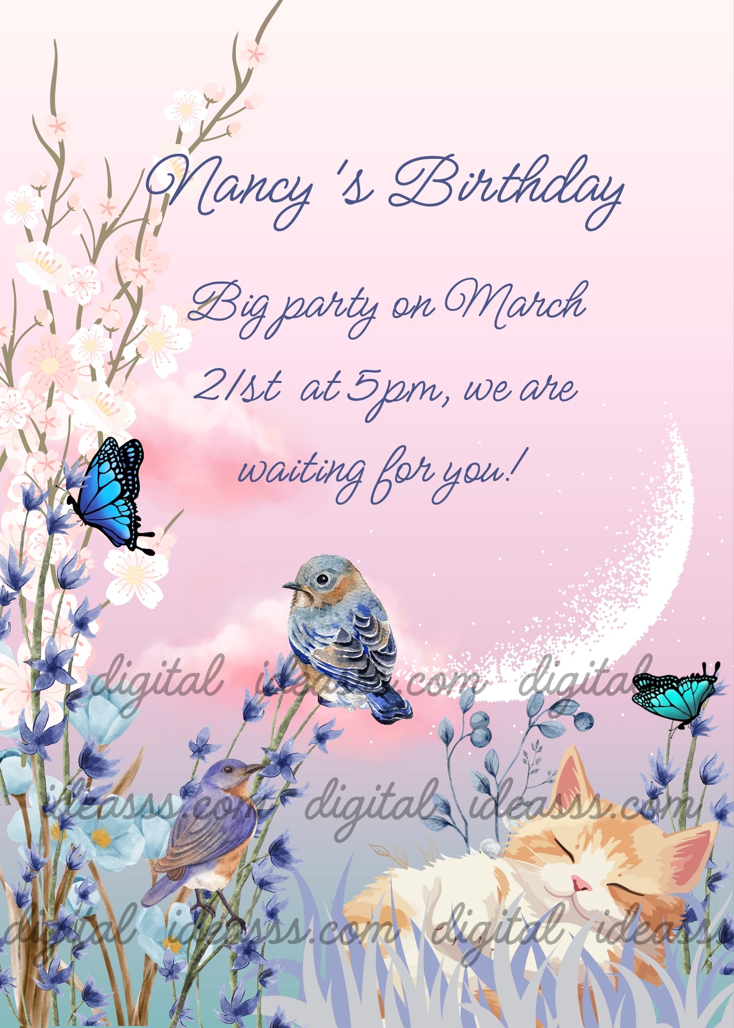Sleeping orange kitten in a meadow with lavender flowers, peach blossoms, two little birds and two blue butterflies under a white crescent moon on a soft pink and blue gradient background — birthday card for children aged 7 to 14