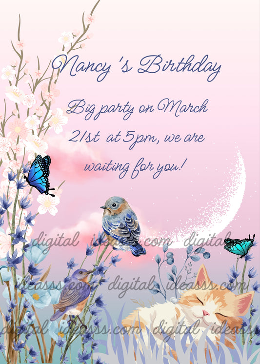 Sleeping orange kitten in a meadow with lavender flowers, peach blossoms, two little birds and two blue butterflies under a white crescent moon on a soft pink and blue gradient background — birthday card for children aged 7 to 14