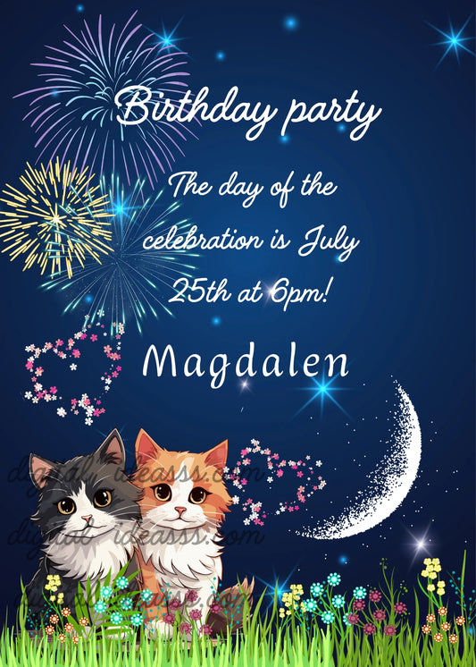 Two cute kittens sitting in green grass with colorful flowers under a deep blue starry night sky with fireworks and a glowing crescent moon — birthday card for children aged 5 to 14