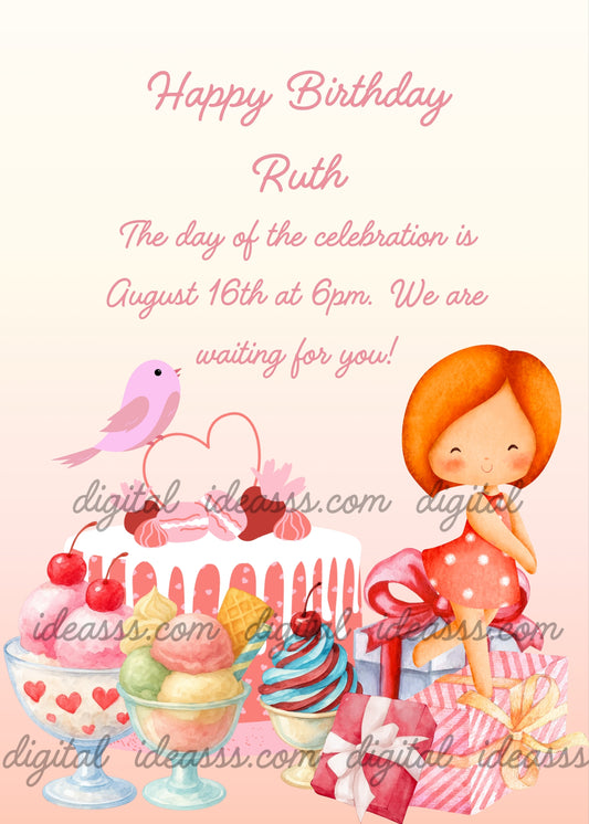 Sweet kawaii girl with red hair joyfully jumping on colorful gift boxes, next to a white drip cake decorated with candies and a pink bird, surrounded by ice cream sundaes, a cupcake, and cherries on a soft pink gradient background — birthday card for girls aged 1 to 10