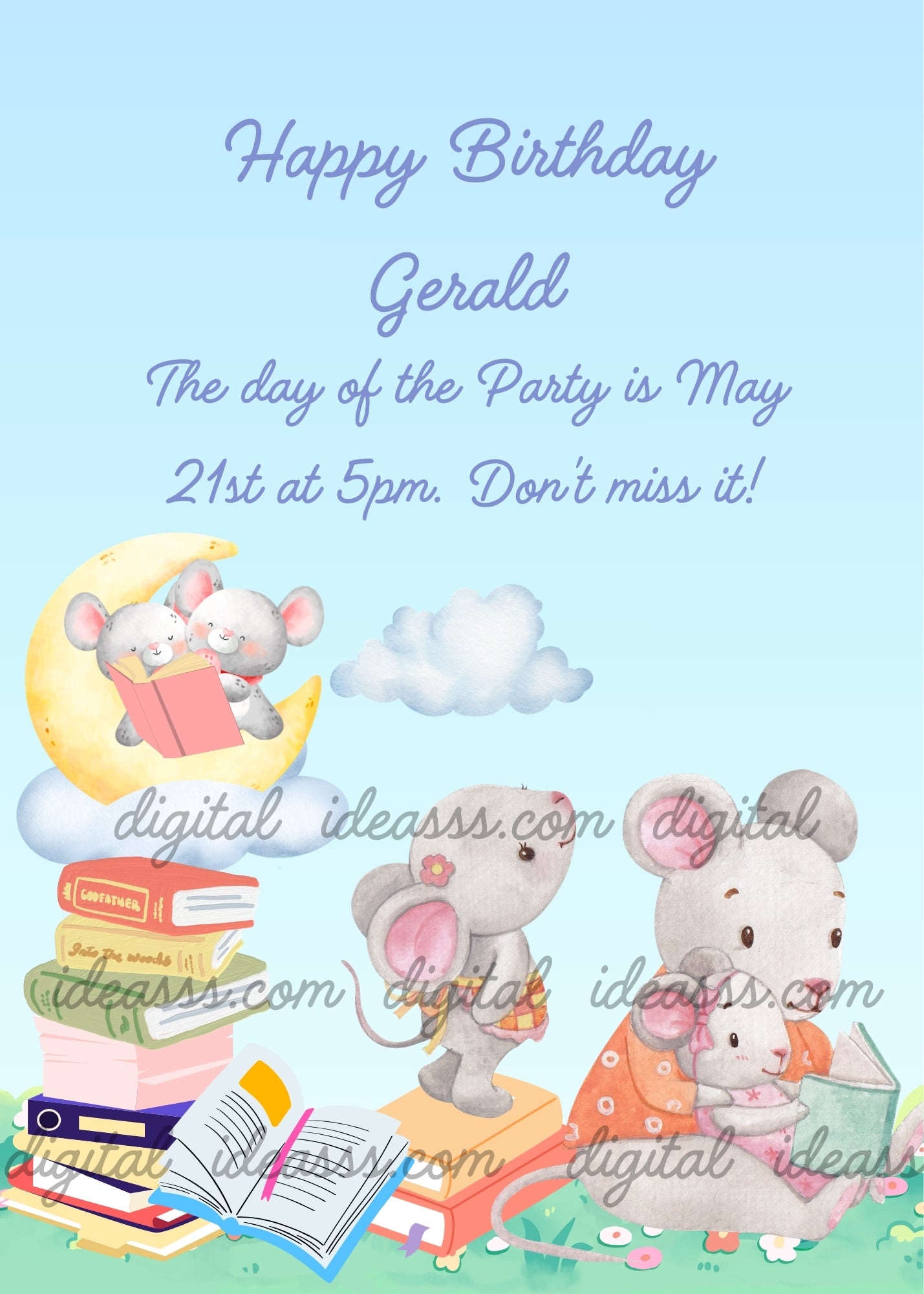 Two little mice reading a book together on a yellow crescent moon with clouds, a small mouse standing on a stack of colorful books, and a mother mouse reading to her baby on the grass, with flowers and an open book on a soft blue background — birthday card for children aged 1 to 9