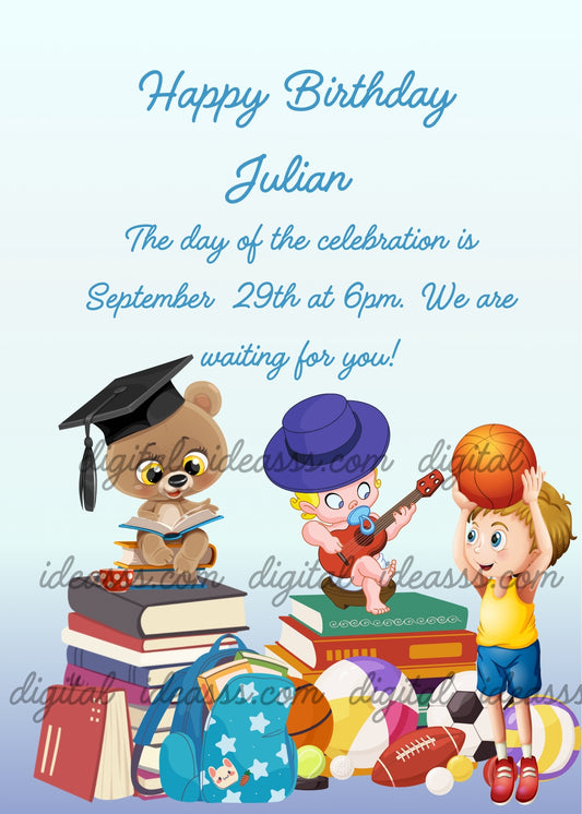  A cute teddy bear with a graduation cap sitting on a stack of books as a teacher, a baby with a blue hat playing guitar on a stack of books, and a boy in a yellow shirt holding a basketball, surrounded by colorful balls, a football, a soccer ball and a backpack — the children want to play instead of studying! — soft light blue gradient background — birthday card for children aged 6 to 12