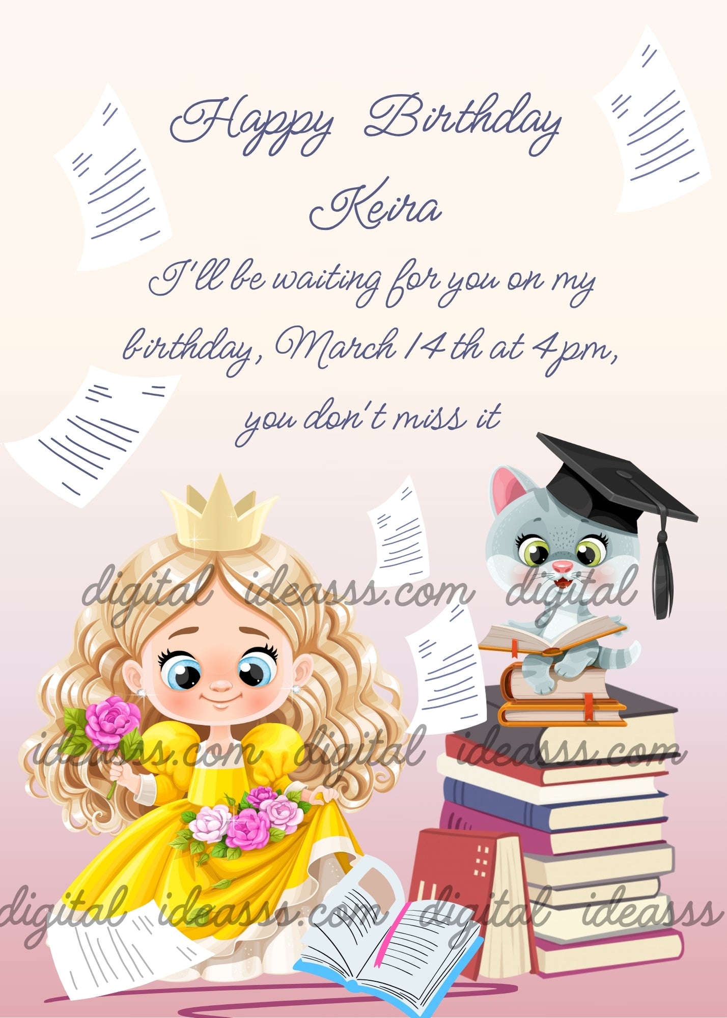  A cute blonde princess with curly hair and golden crown in a yellow dress holding pink roses next to a gray kitten wearing a graduation cap sitting on a stack of books on a soft pink background — printable birthday card for girls ages 6 to 12