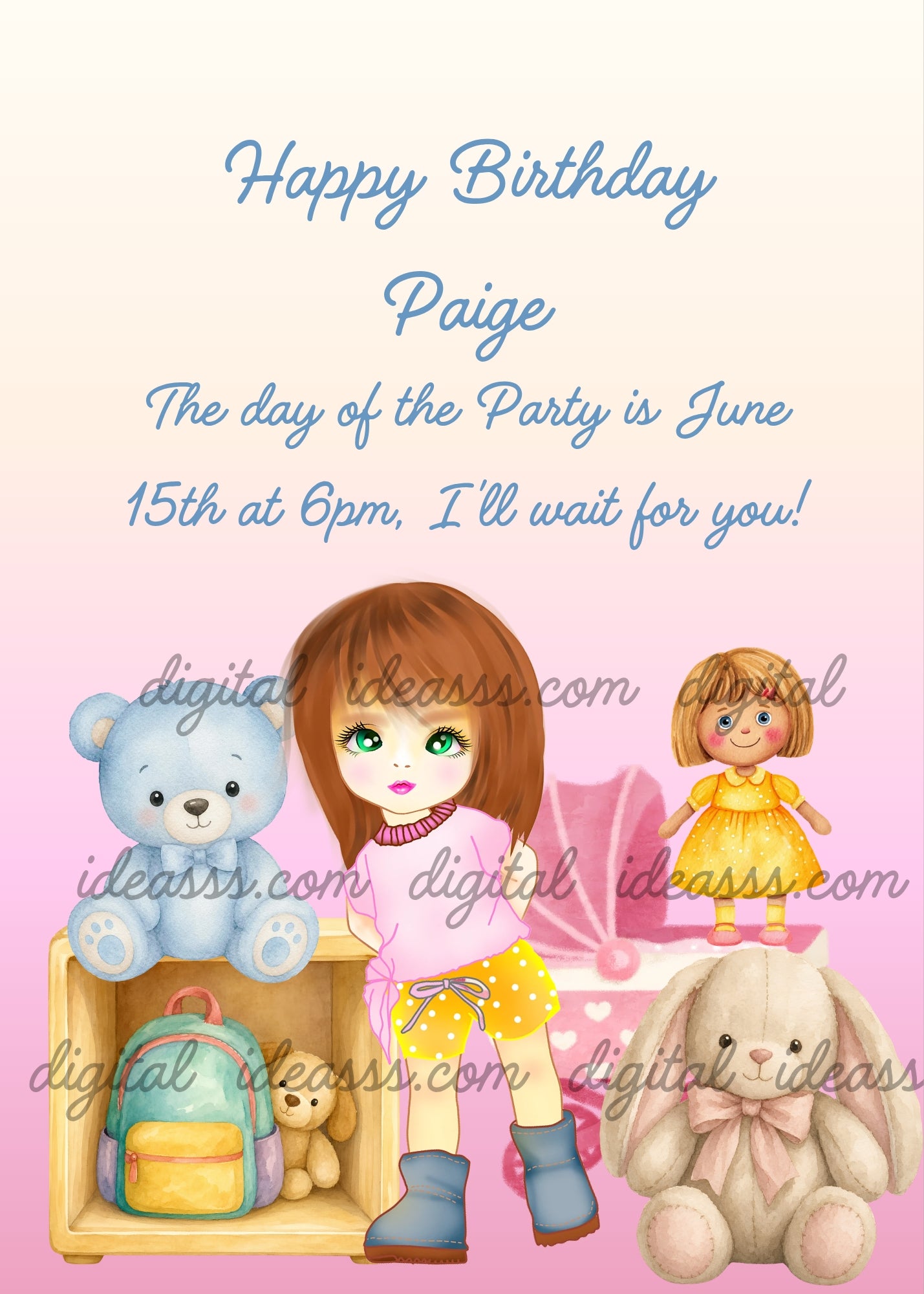 Cute brown-haired girl in a pink top and yellow shorts standing, next to a wooden shelf with a colorful backpack, a small teddy bear and a light blue teddy bear on top, a rag doll in a yellow dress, a white bunny with a pink bow and a pink pram on a soft pink gradient background — birthday card for girls aged 5 to 10